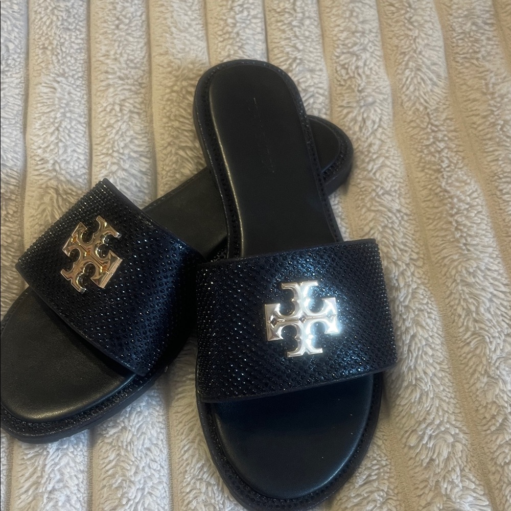 Tory Burch Black Slides with Gold Emblem